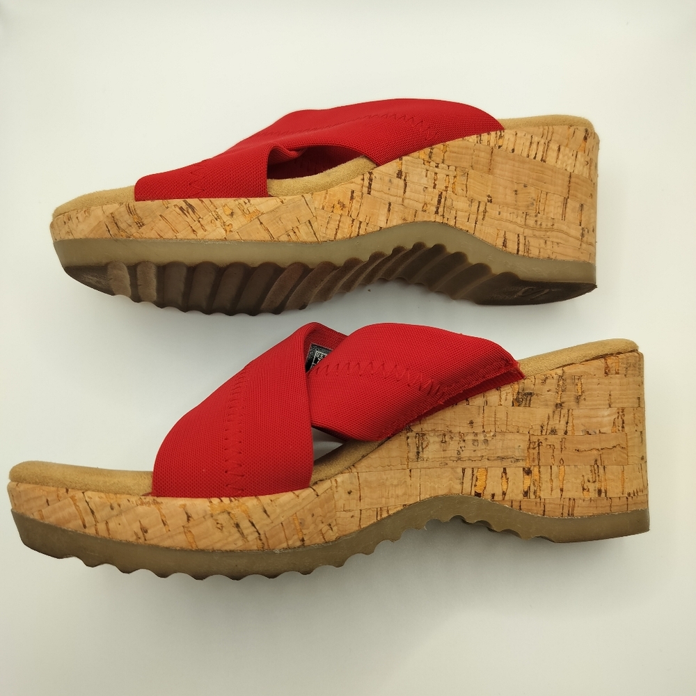 2/$30 Skechers Red Tan Wedge Cross Strap Slip On Sandals Womens‎ Size 7 Summer - Picture 4 of 13